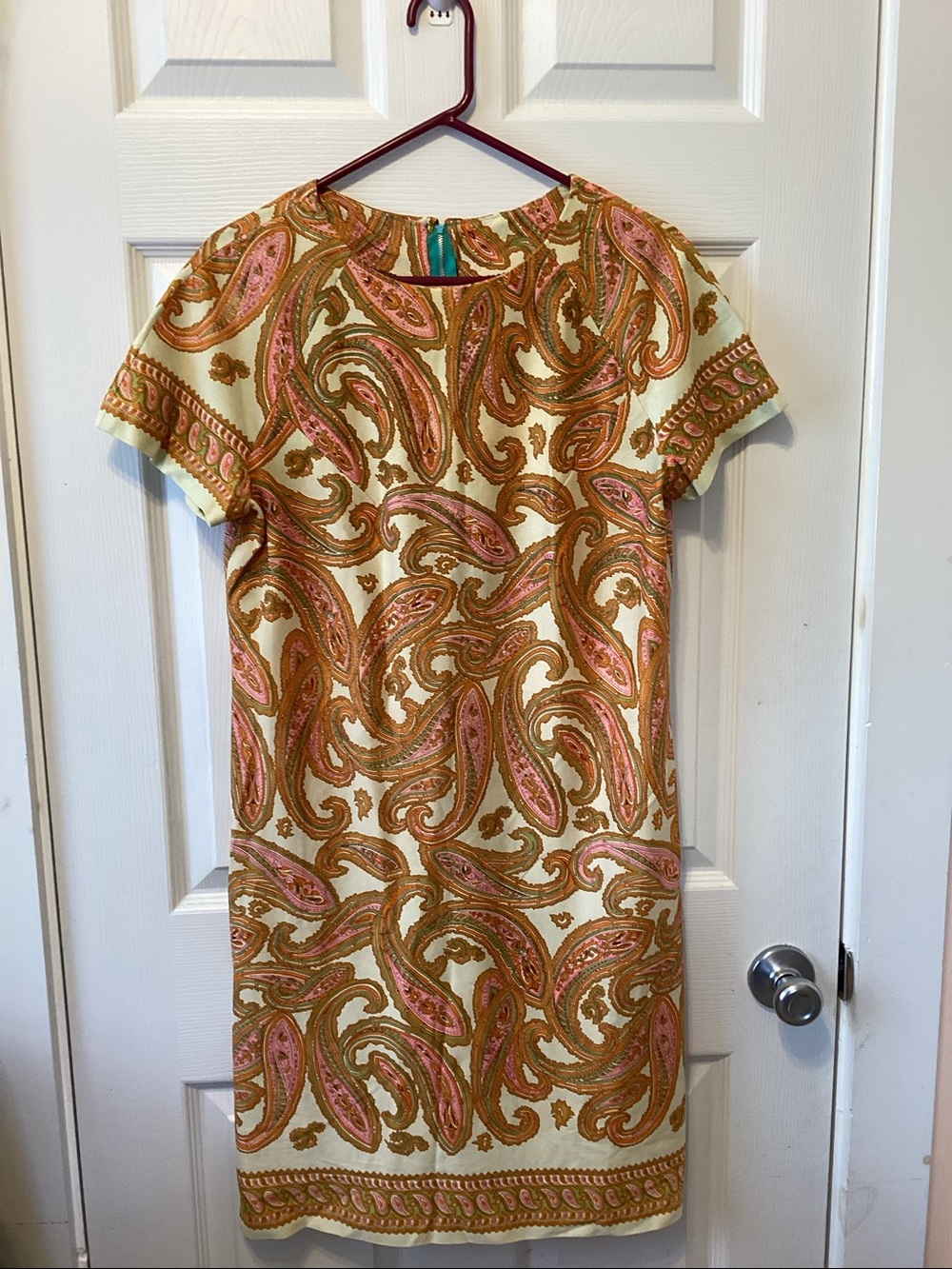 Vtg Handmade Paisley Shift Dress Cream Pink Boho Mod Retro Cottagecore 60s 70s